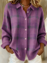 Gerdrun | Damen Karierte Strickjacke mit Knöpfen – Lila