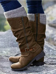Gunnora | Damen Kniehohe Stiefel mit Strickschaft – Braun