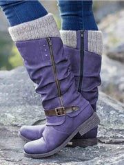 Gunnora | Damen Kniehohe Stiefel mit Strickschaft – Lila