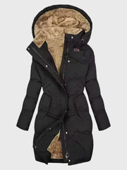 Helvike | Damen Lange Steppjacke mit Kapuze – Schwarz
