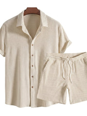 Herren Set aus Kurzarmhemd mit Knopfleiste und Shorts mit Kordelzug – Beige