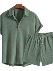 Herren Set aus Kurzarmhemd mit Knopfleiste und Shorts mit Kordelzug – Grün