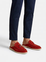 Herren-Slipper mit offener Ferse, Velours-Oberfläche und Metallverzierung – Rot
