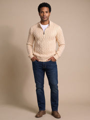 Florian | Herren Zopfstrick-Troyer Pullover mit Reißverschlusskragen – Khaki