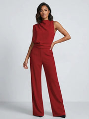 Damen Hochkragen Ärmelloser Jumpsuit mit Weitem Bein und Taschen – Rot