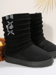 Hildrun | Damen Winterstiefel mit Strickschaft und Schleife – Schwarz