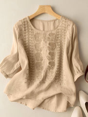 Gretchen - Stilvolle bestickte Bluse mit 3/4-Ärmeln für Damen – Khaki