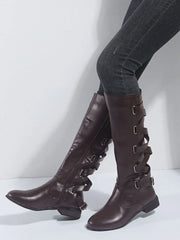 Isolde | Damen Kniehohe Stiefel mit Schnallen – Dunkelbraun