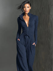 Glitzernder Strick-Jumpsuit mit weitem Bein für Damen | Reißverschluss vorne – Blau