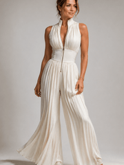 Jumpsuit Damen mit Weitem Bein und Blumenmuster – Creme