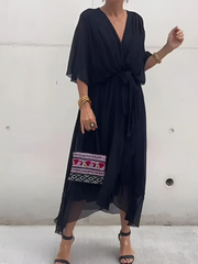 Katrien | Damen Wickelkleid Midi Flatterärmel – Schwarz