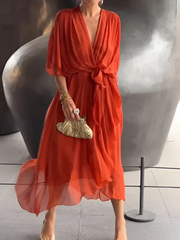 Katrien | Damen Wickelkleid Midi Flatterärmel – Orange
