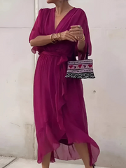 Katrien | Damen Wickelkleid Midi Flatterärmel – Violett