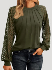 Kersti | Damen Spitzenbluse Langarm Rundhals – Armeegrün