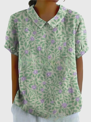 Kurzärmelige Damenbluse mit Blumenmuster und Bubikragen – Salbeigrün 2