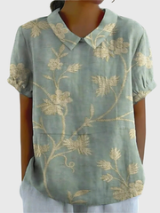 Kurzärmelige Damenbluse mit Blumenmuster und Bubikragen – Salbeigrün 3