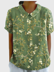 Kurzärmelige Damenbluse mit Blumenmuster und Bubikragen – Grün