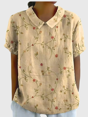 Kurzärmelige Damenbluse mit Blumenmuster und Bubikragen – Hellgelb