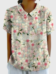 Kurzärmelige Damenbluse mit Blumenmuster und Bubikragen – Weiß 2