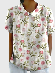 Kurzärmelige Damenbluse mit Blumenmuster und Bubikragen – Weiß 3