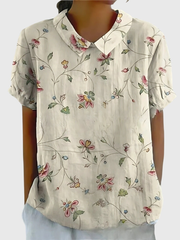 Kurzärmelige Damenbluse mit Blumenmuster und Bubikragen – Weiß 4