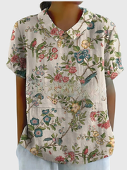 Kurzärmelige Damenbluse mit Blumenmuster und Bubikragen – Weiß 5