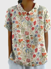 Kurzärmelige Damenbluse mit Blumenmuster und Bubikragen – Weiß 6