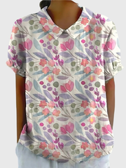 Kurzärmelige Damenbluse mit Blumenmuster und Bubikragen – Weiß 7