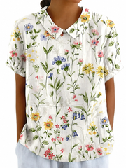 Kurzärmelige Damenbluse mit Blumenmuster und Bubikragen – Weiß