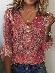 Elfriede | Damen Bluse mit Boho-Print im Orientalischen Stil – Rot