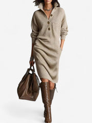 Lena | Damen Strickkleid mit Kragen Midi – Khaki