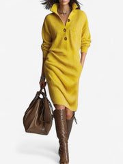 Lena | Damen Strickkleid mit Kragen Midi – Gelb