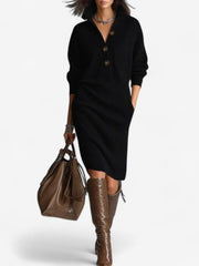 Lena | Damen Strickkleid mit Kragen Midi – Schwarz