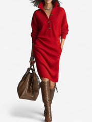 Lena | Damen Strickkleid mit Kragen Midi – Rot