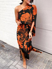 Leonie | Damen One-Shoulder Blumenprint Maxikleid – Orange