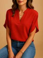 Damen-Satinbluse mit Knöpfen und langen Ärmeln – Rot