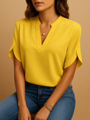 Damen-Satinbluse mit Knöpfen und langen Ärmeln – Gelb