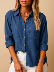 Damen-Hemdbluse mit Knöpfen und Taschen – Blau