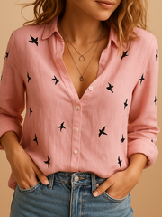 Lässige Langarmbluse für Damen – Rosa (mit Vögeln)