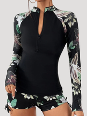 Lysandra | Damen Langarm Blumen Badeanzug Set – Grün
