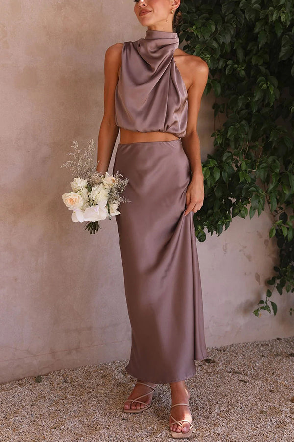 Elegantes Satin-Zweiteiler-Set – Neckholder-Top & Maxi-Rock