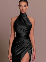 Nadine | Damen Neckholder Abendkleid mit Schlitz – Schwarz
