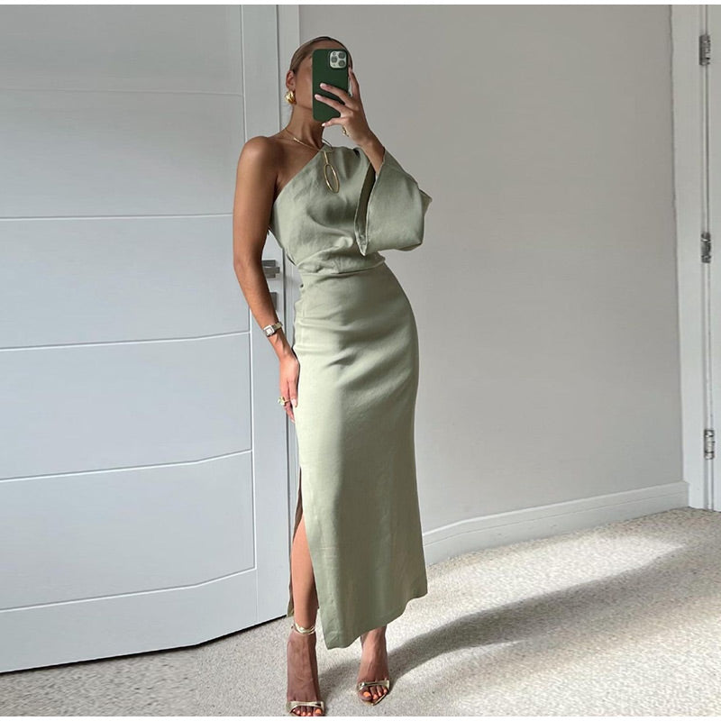 Maxi-Kleid One-Shoulder aus veganem Leder