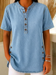 Nora | Damen Kurzarm Jeansbluse mit Knopfleiste – Hellblau