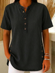 Nora | Damen Kurzarm Jeansbluse mit Knopfleiste – Schwarz