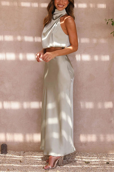 Elegantes Satin-Zweiteiler-Set – Neckholder-Top & Maxi-Rock