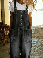 Denim-Jumpsuit für Damen mit verstellbarer Schnalle – Schwarz