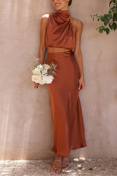 Elegantes Satin-Zweiteiler-Set – Neckholder-Top & Maxi-Rock