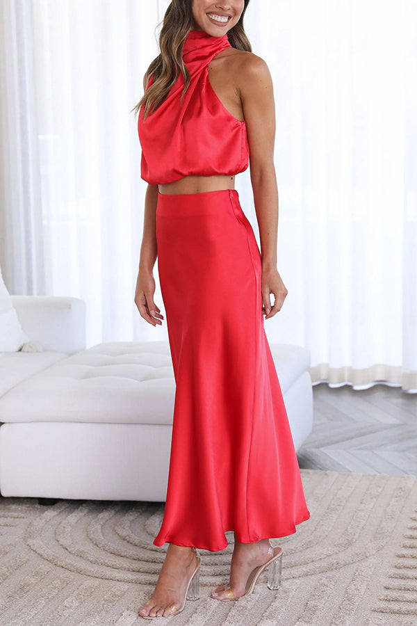 Elegantes Satin-Zweiteiler-Set – Neckholder-Top & Maxi-Rock