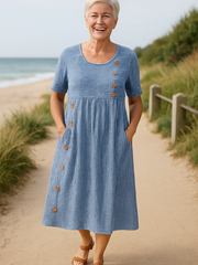 Roswen | Damen Gestreiftes Kurzarm Midikleid mit Knöpfen – Blau